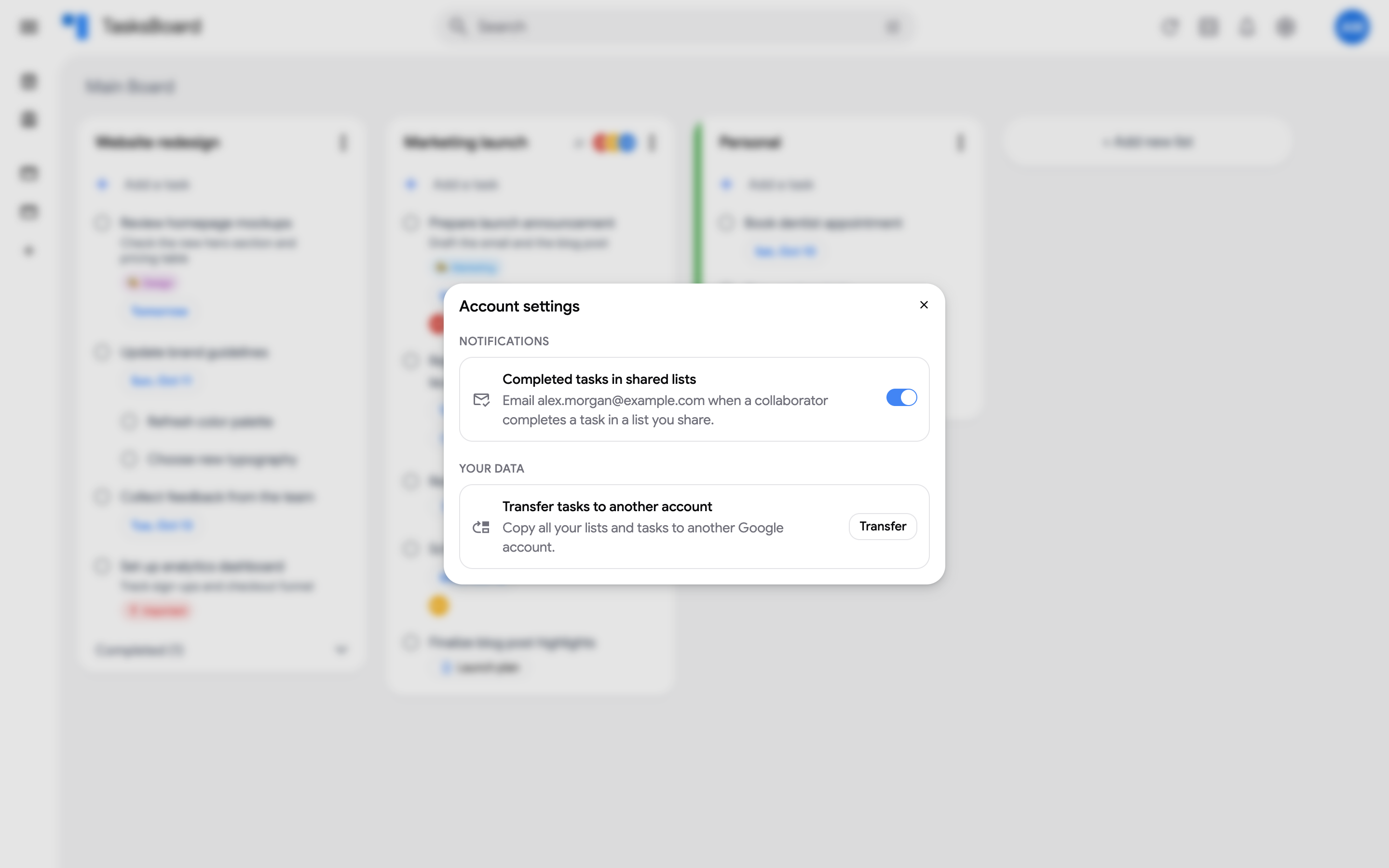Account settings with the Completed tasks in shared lists switch turned on