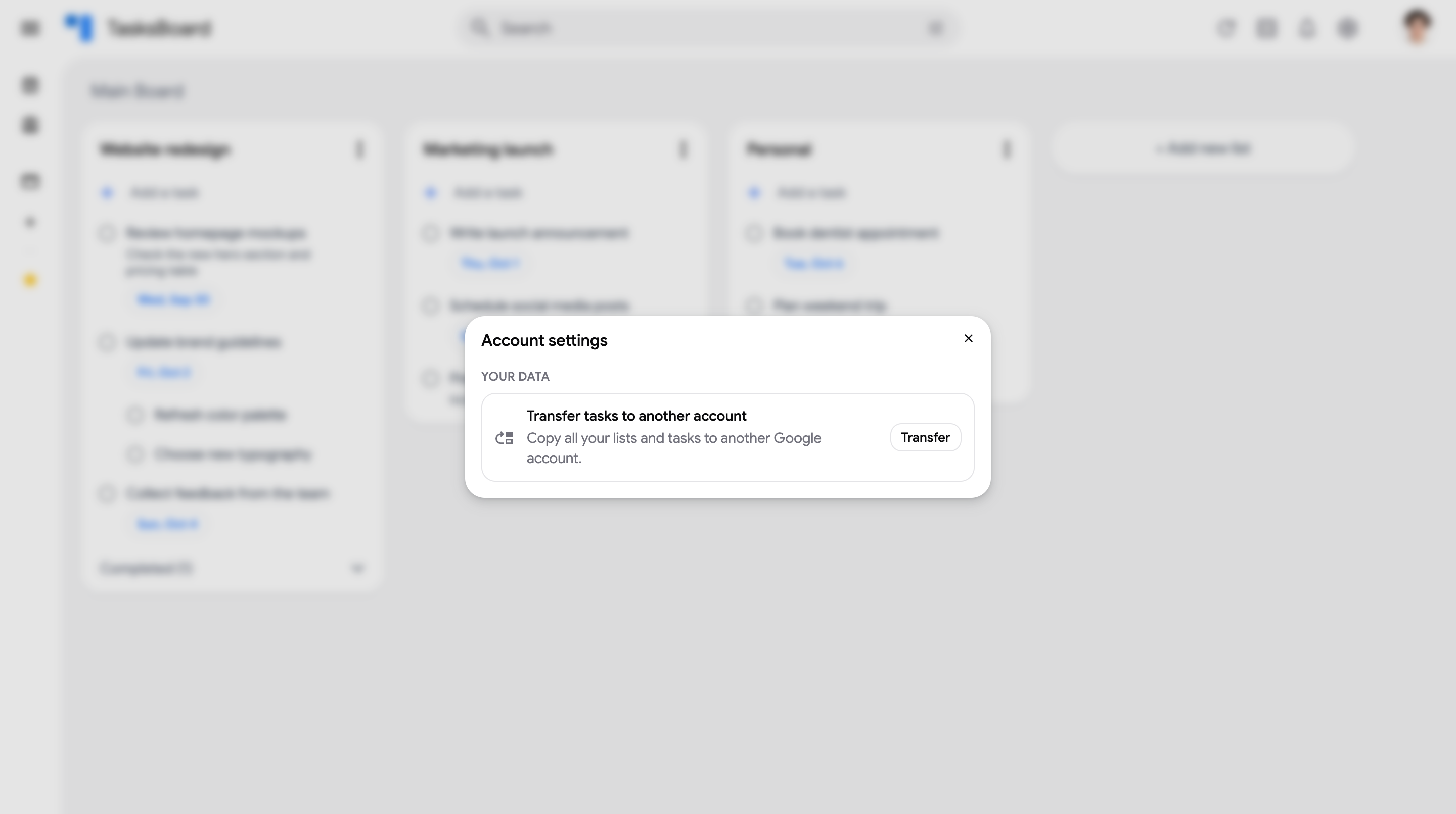 The Account settings modal with the "Transfer tasks to another account" option