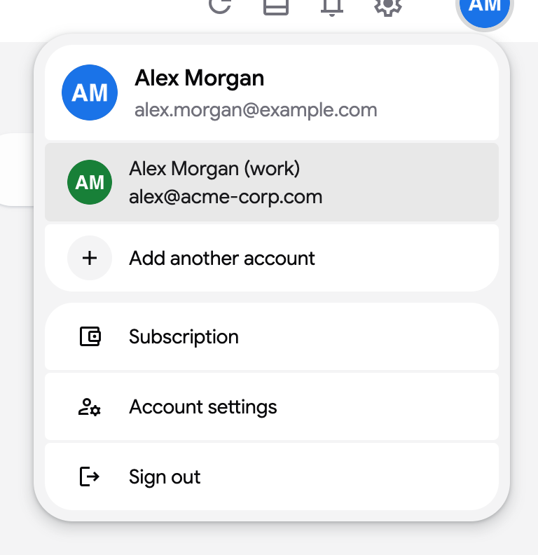 The account menu listing a second account signed in on this device