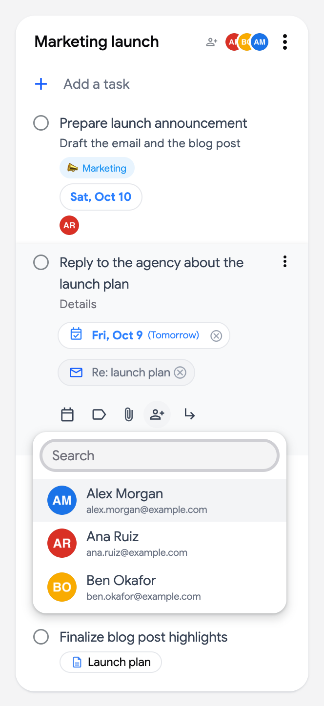 The task editor with the Add assignee popover listing the collaborators of the list