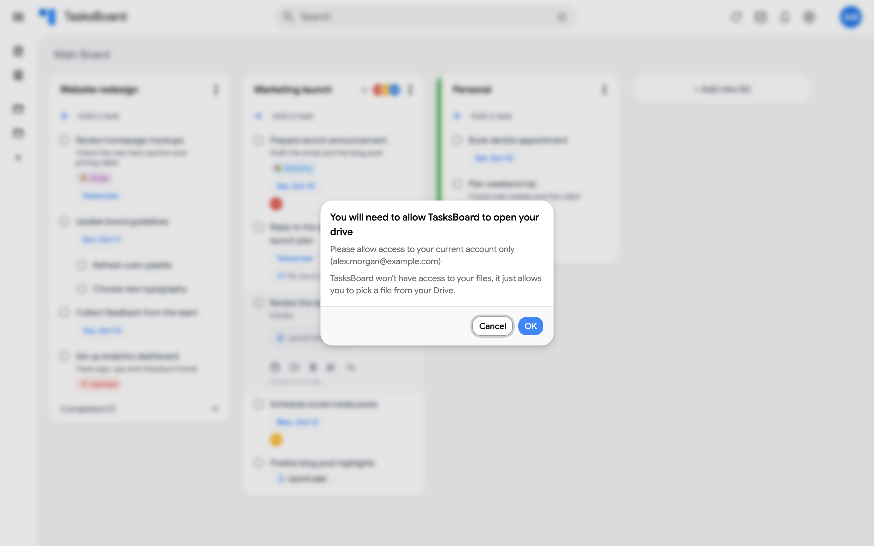 The dialog explaining that TasksBoard needs to open your Drive, with Cancel and OK