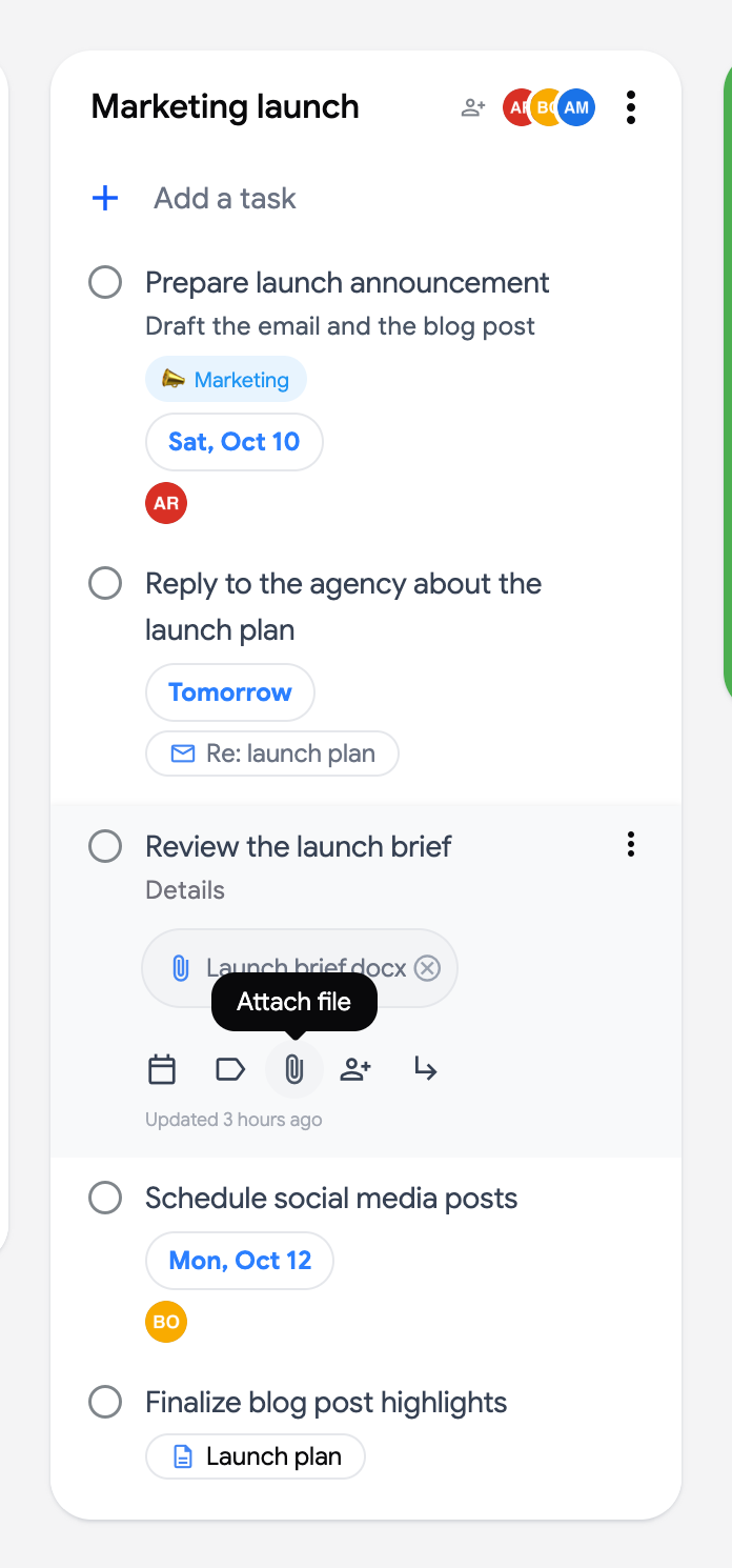 The Attach file button in the editor of a task that already has a Drive file attached