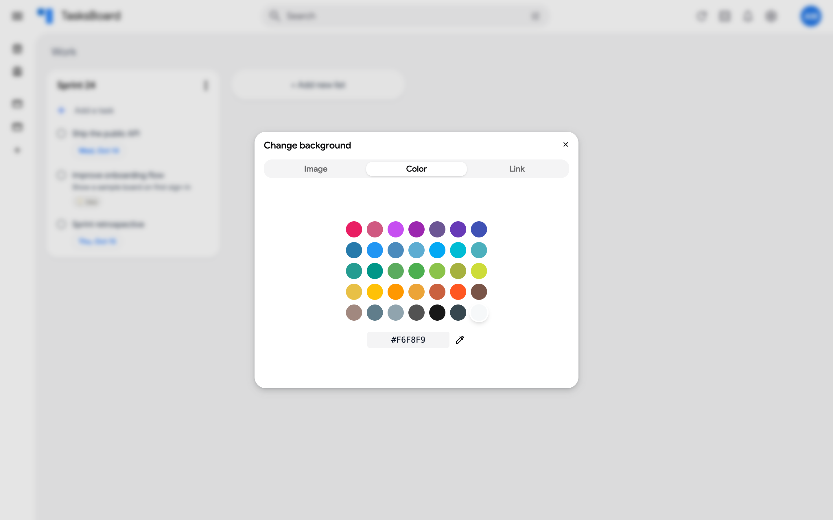 The Change background dialog on the Color tab with the color palette