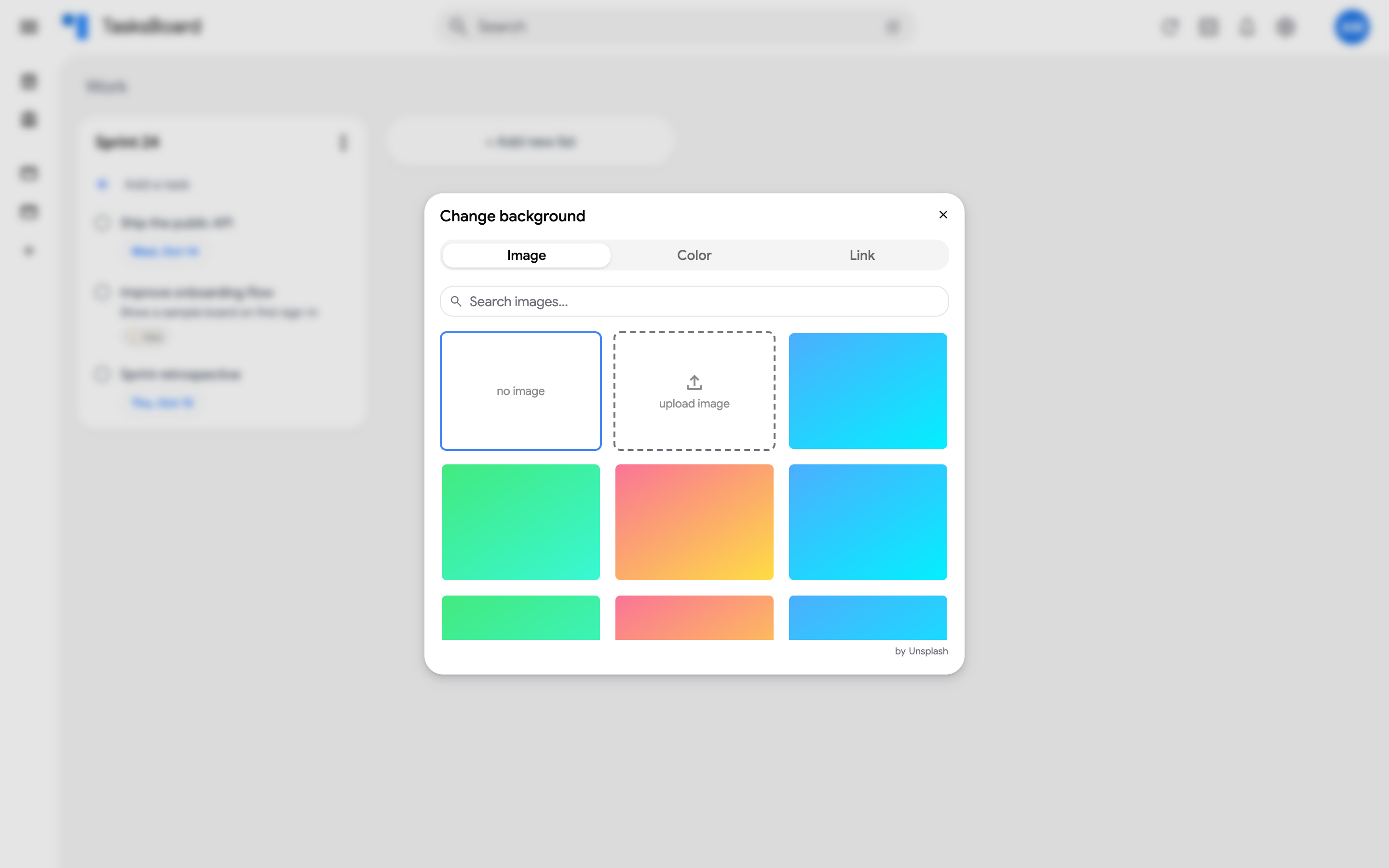 The Change background dialog on the Image tab with Unsplash photos
