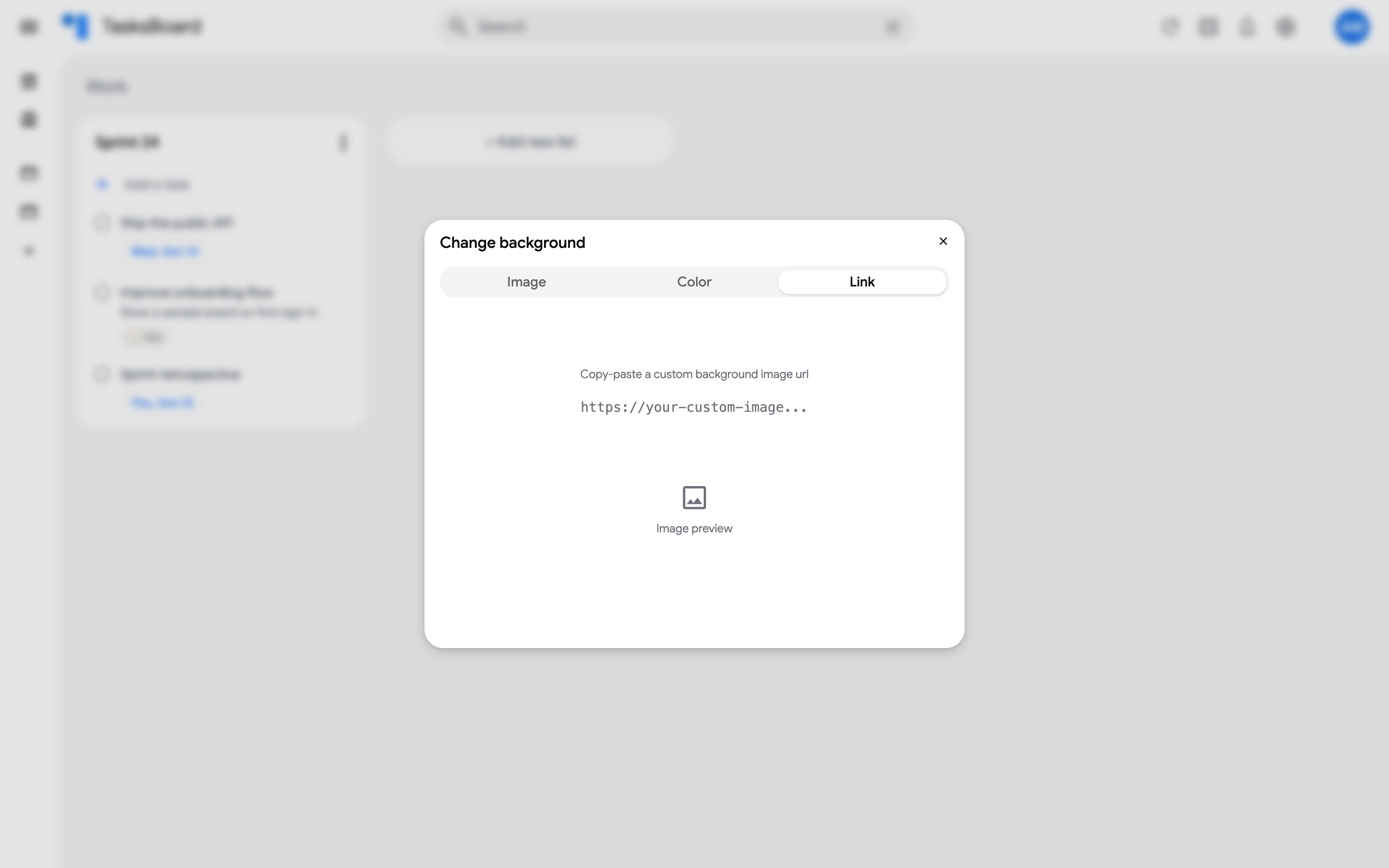 The Change background dialog on the Link tab with the URL field