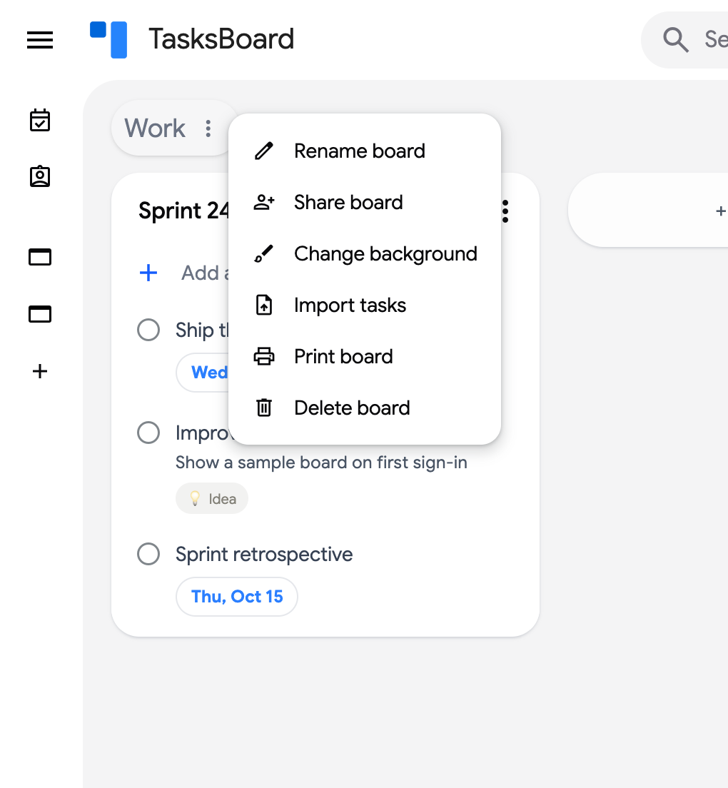 The board menu: Rename board, Share board, Change background, Import tasks, Print board, Delete board