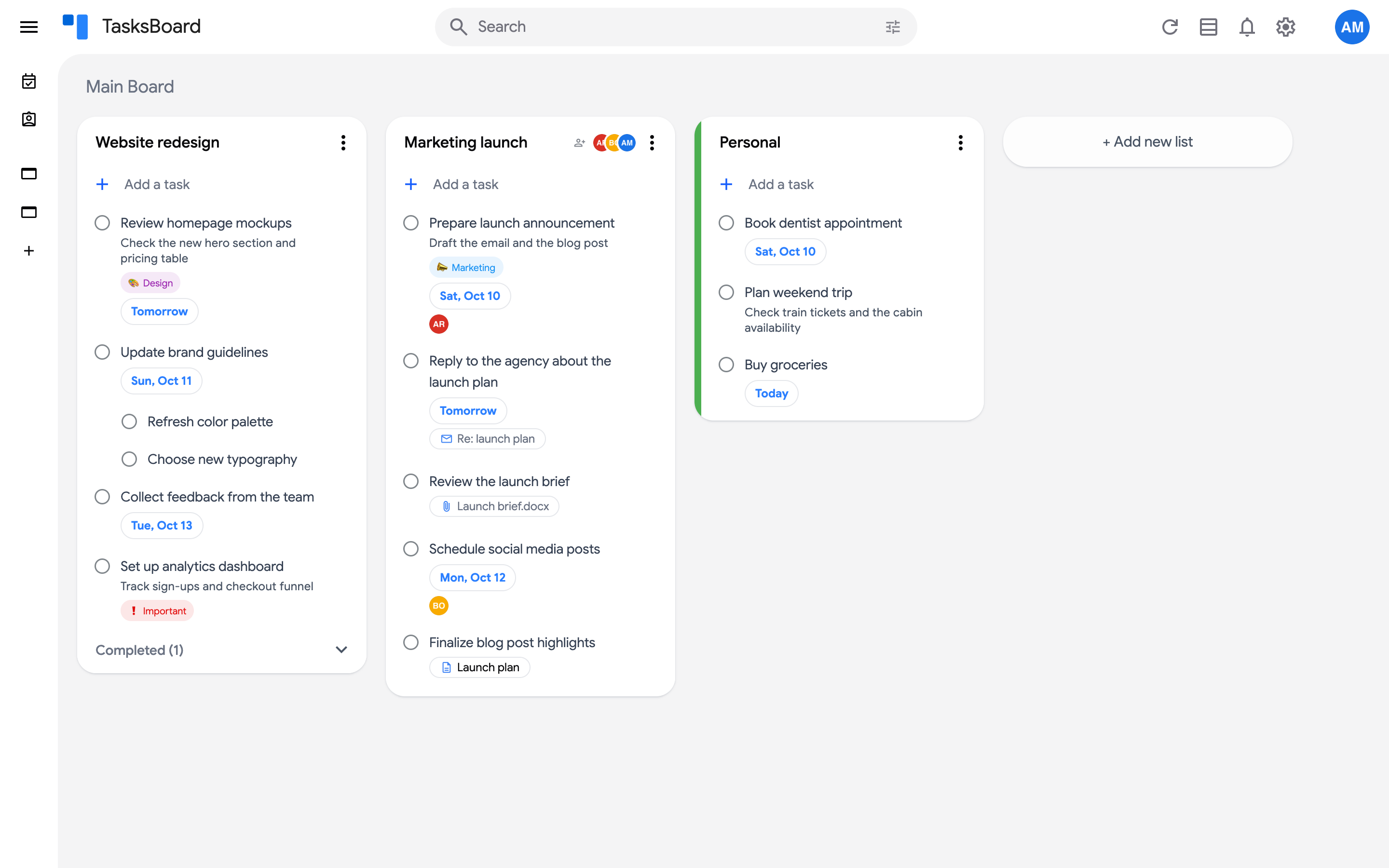 The main board with three lists of tasks