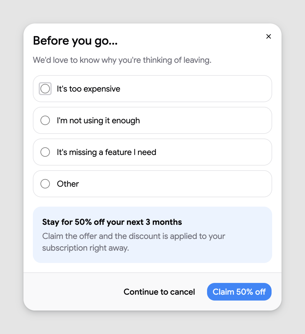 The Before you go... dialog with the cancel reasons and the 50% off offer