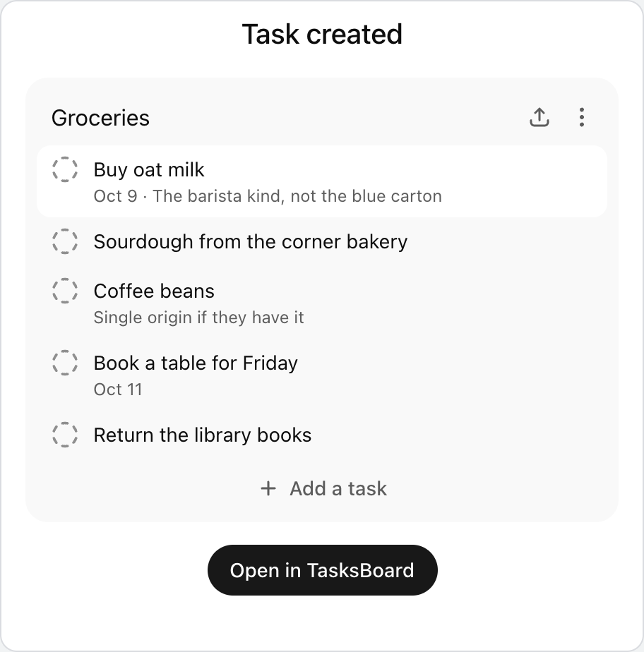 The TasksBoard task card shown in ChatGPT after creating a task