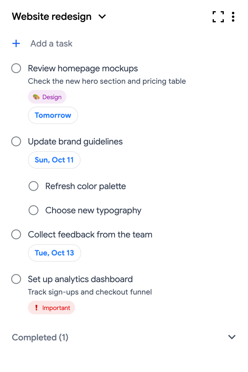 The Chrome extension side panel showing one list with the list switcher and the full-screen button