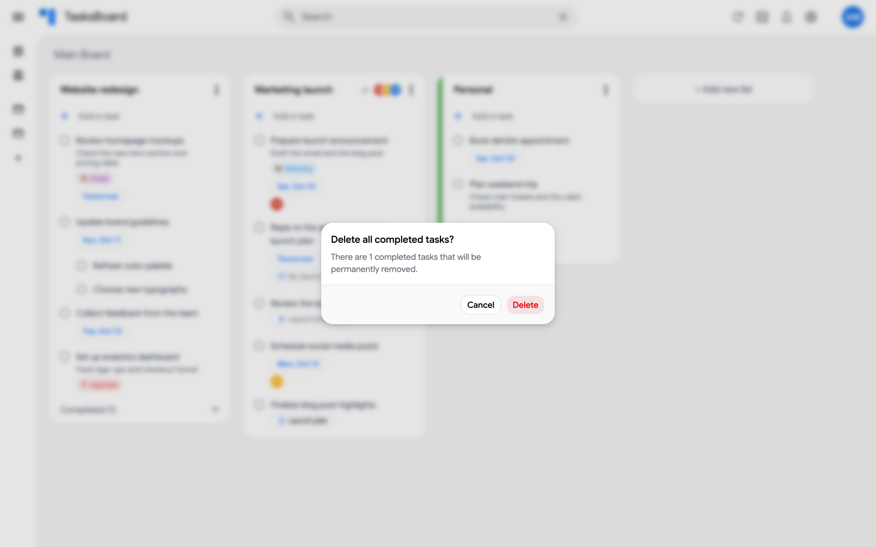 The Delete all completed tasks confirmation