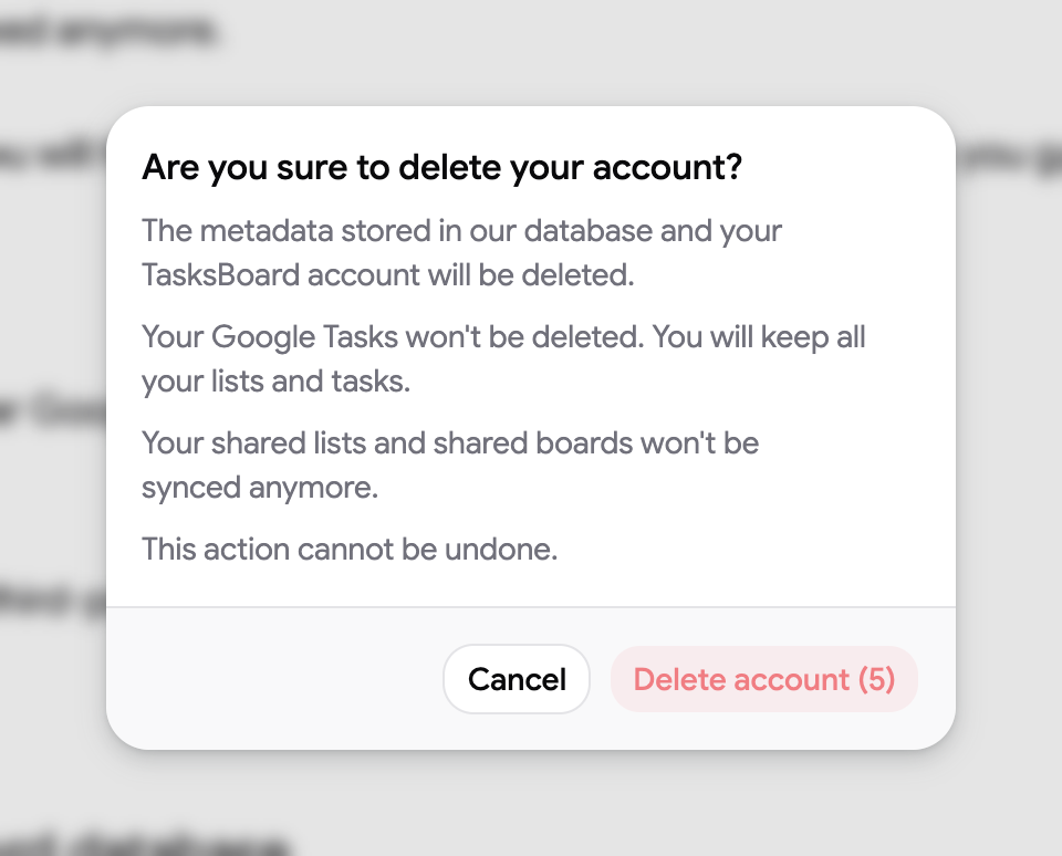 The confirmation dialog with the Delete account countdown button