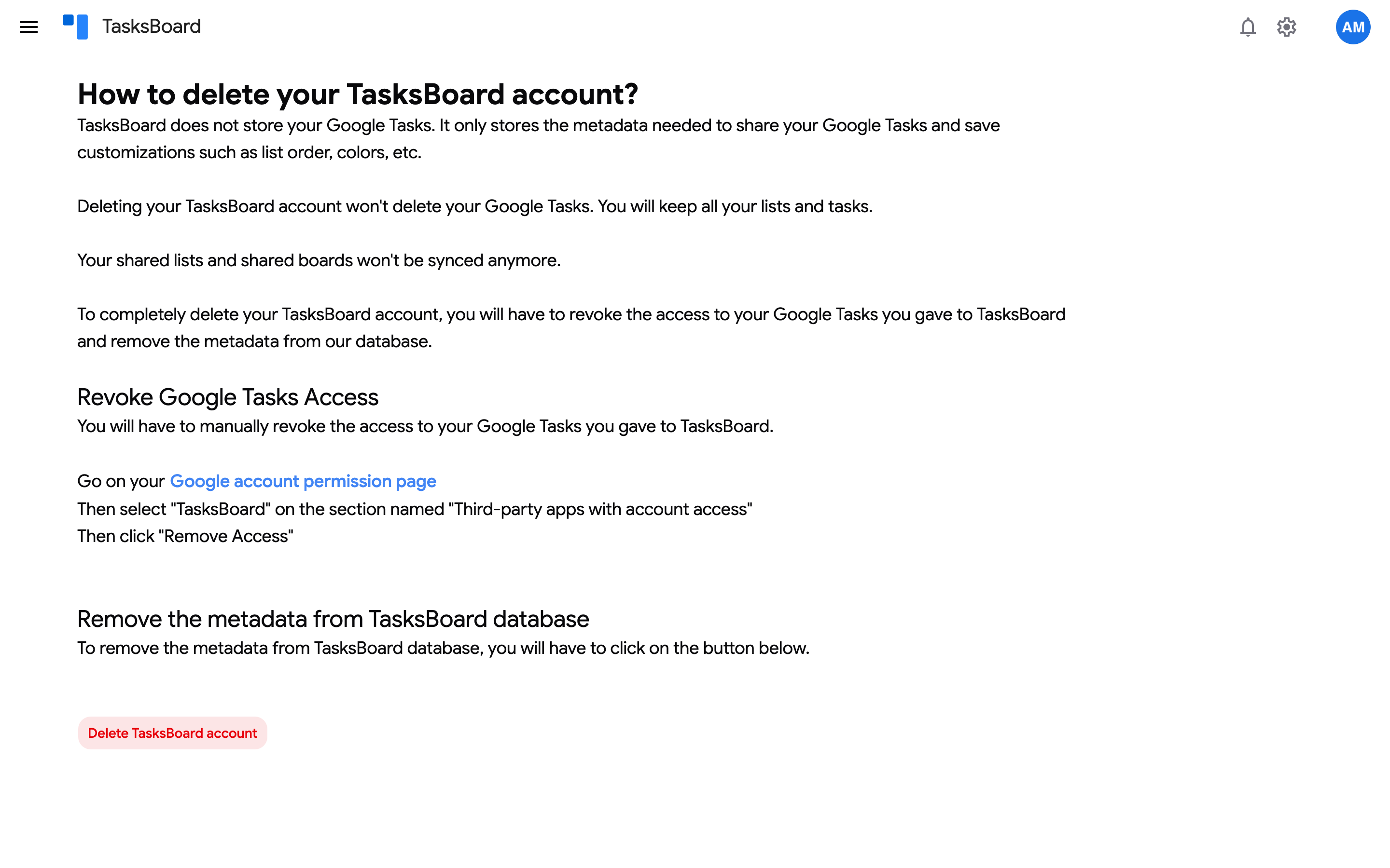 The delete account page explaining what is removed, with the Delete TasksBoard account button