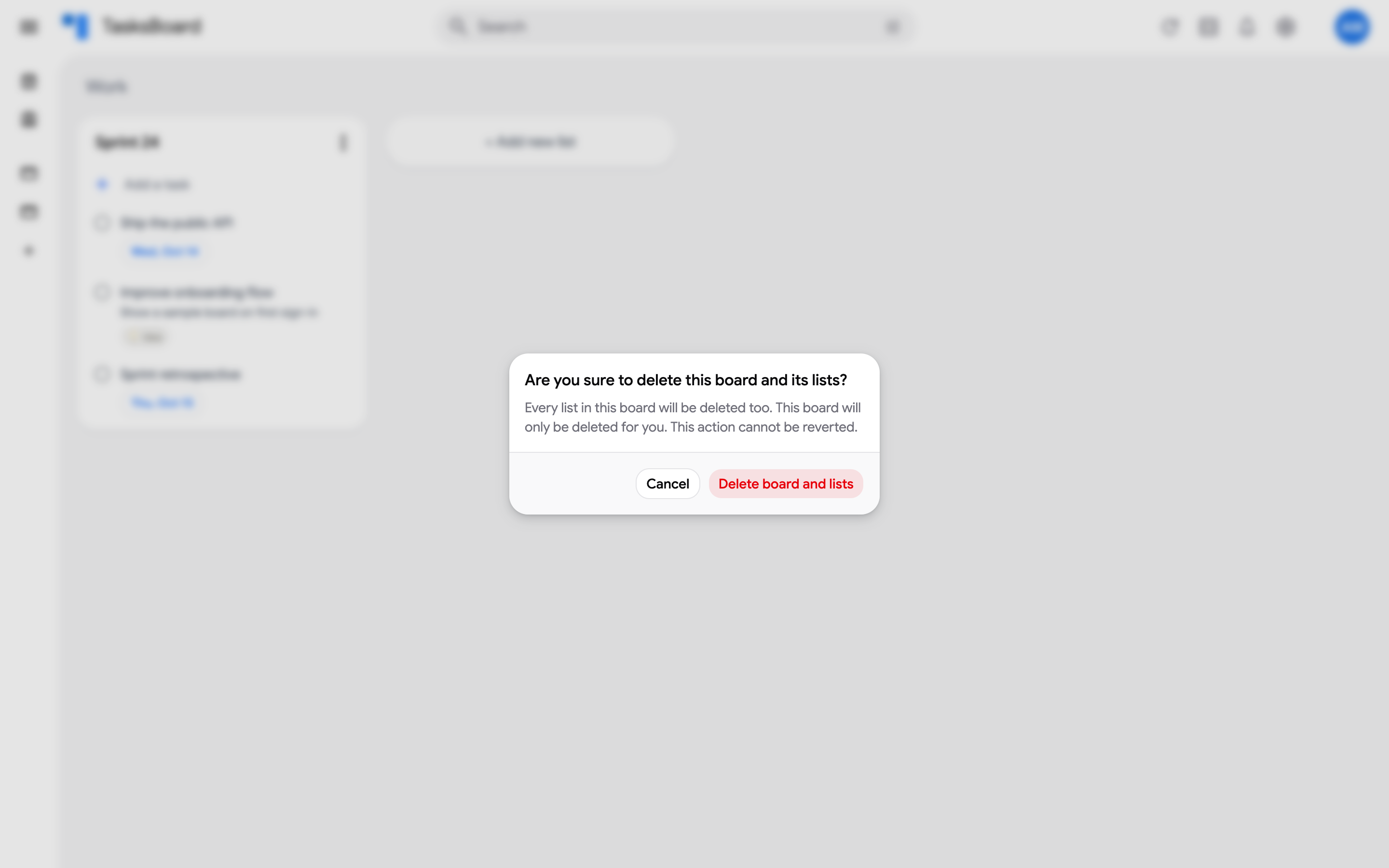 The delete board confirmation dialog