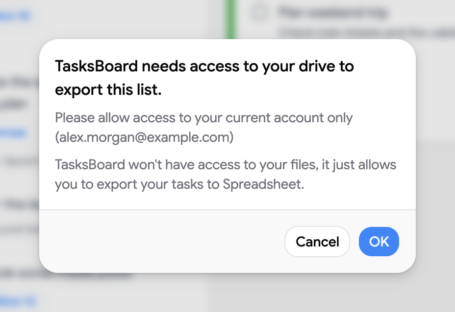 The dialog explaining that TasksBoard needs Drive access to export the list