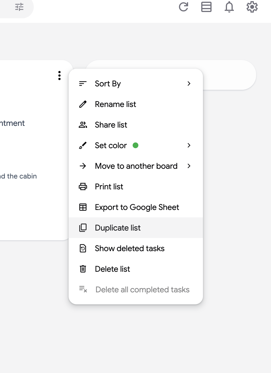 The list menu with the Duplicate list item highlighted