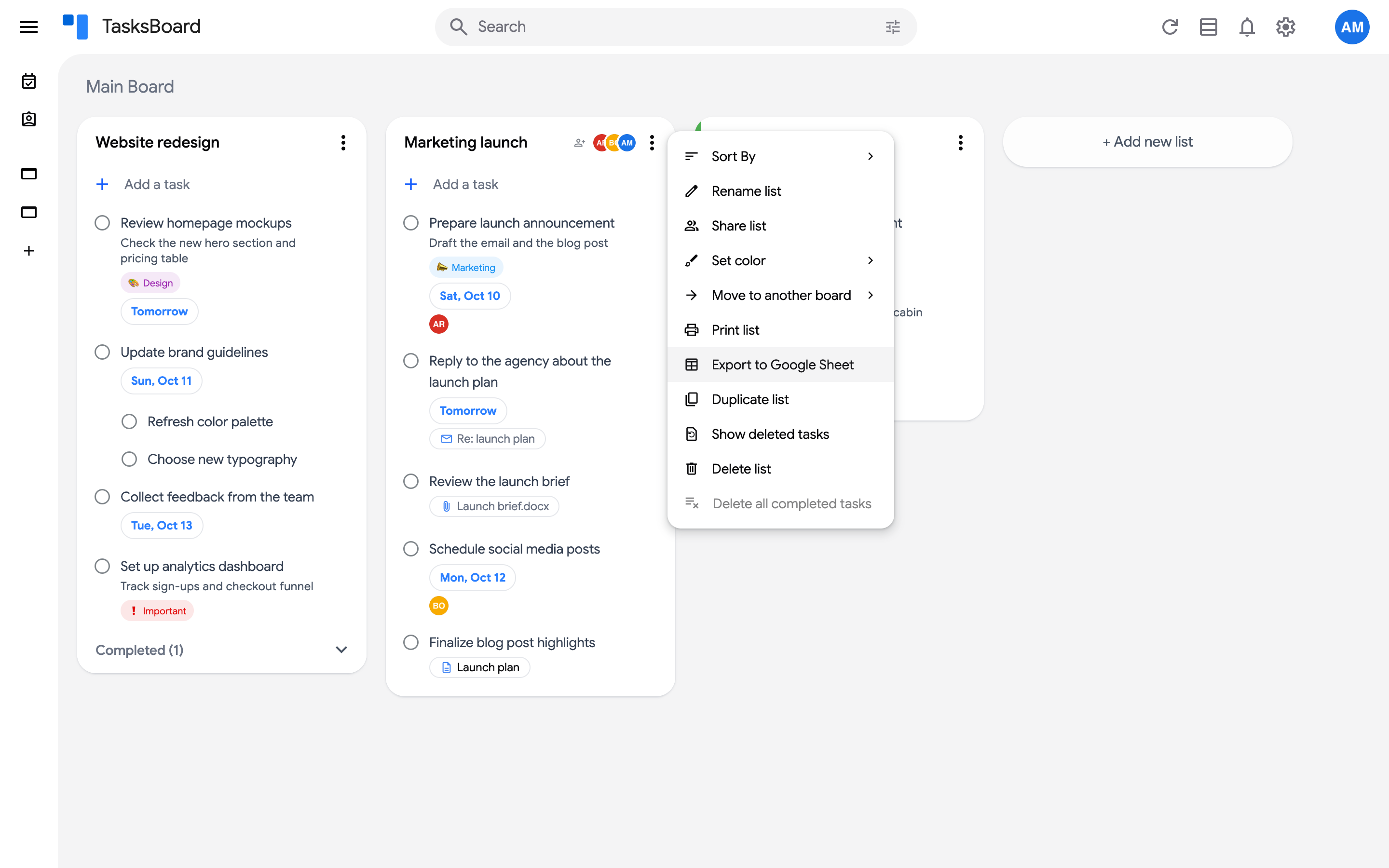 The list menu with the Export to Google Sheet item highlighted