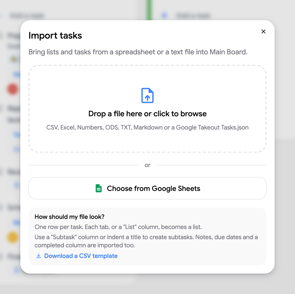 The Import tasks dialog with its dropzone, the Google Sheets button and the CSV template link