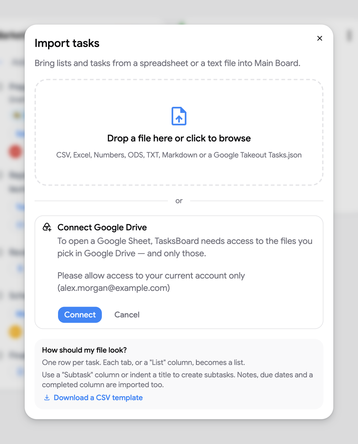 The Connect Google Drive step shown before the Google Sheets picker opens