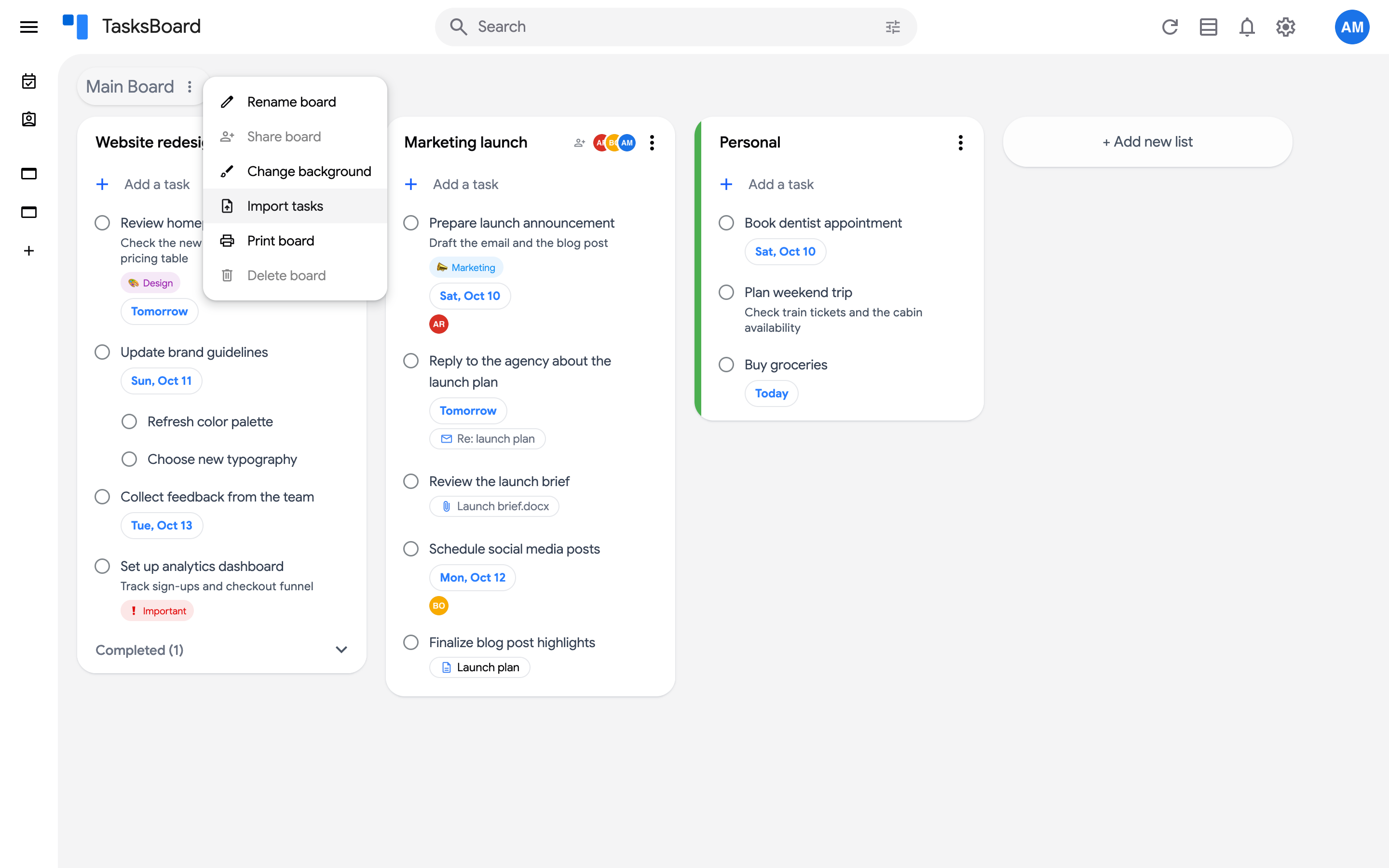 Board menu with the Import tasks item