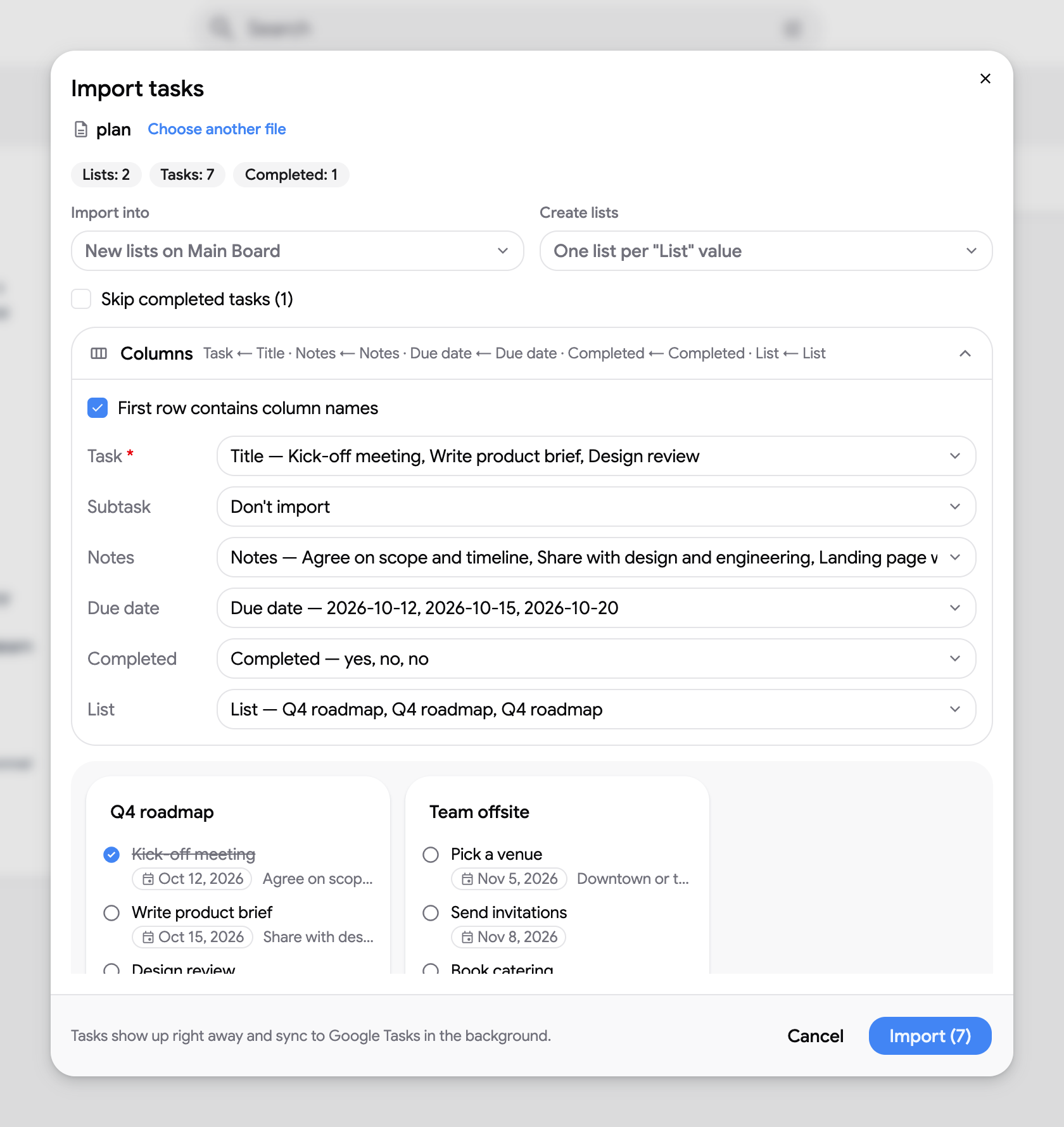 The Columns panel with the header row toggle and one select per field