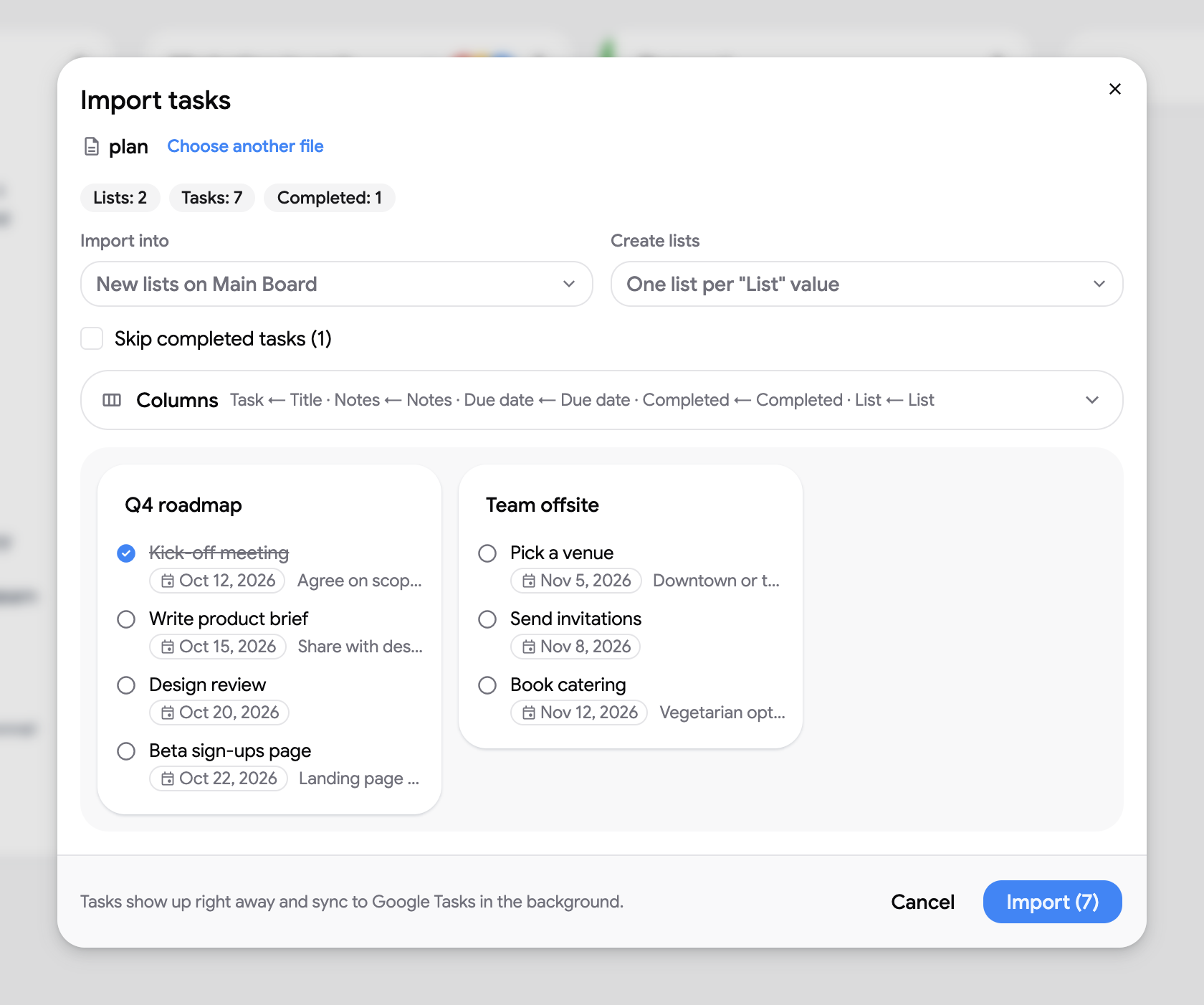 Import preview with two lists created from the List column