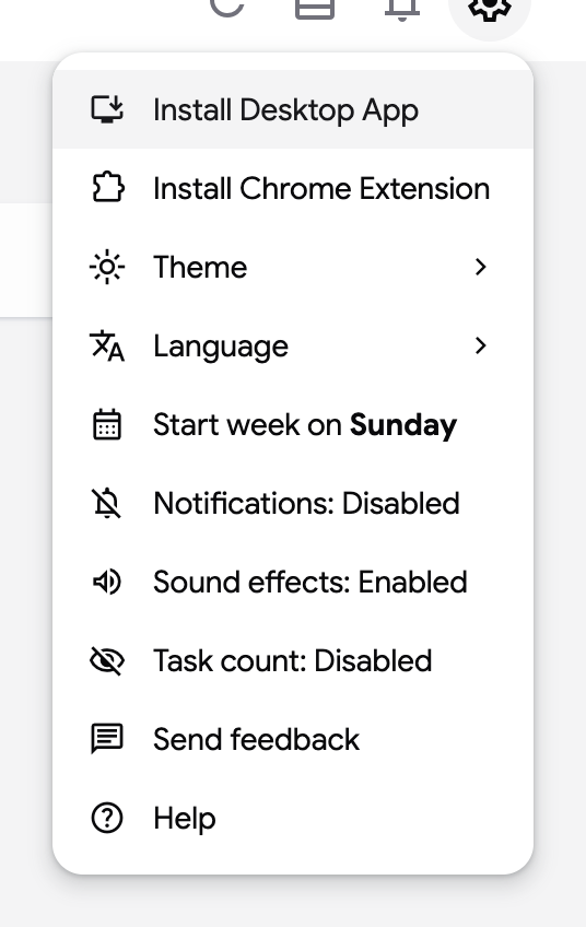 The settings menu with the Install Desktop App item