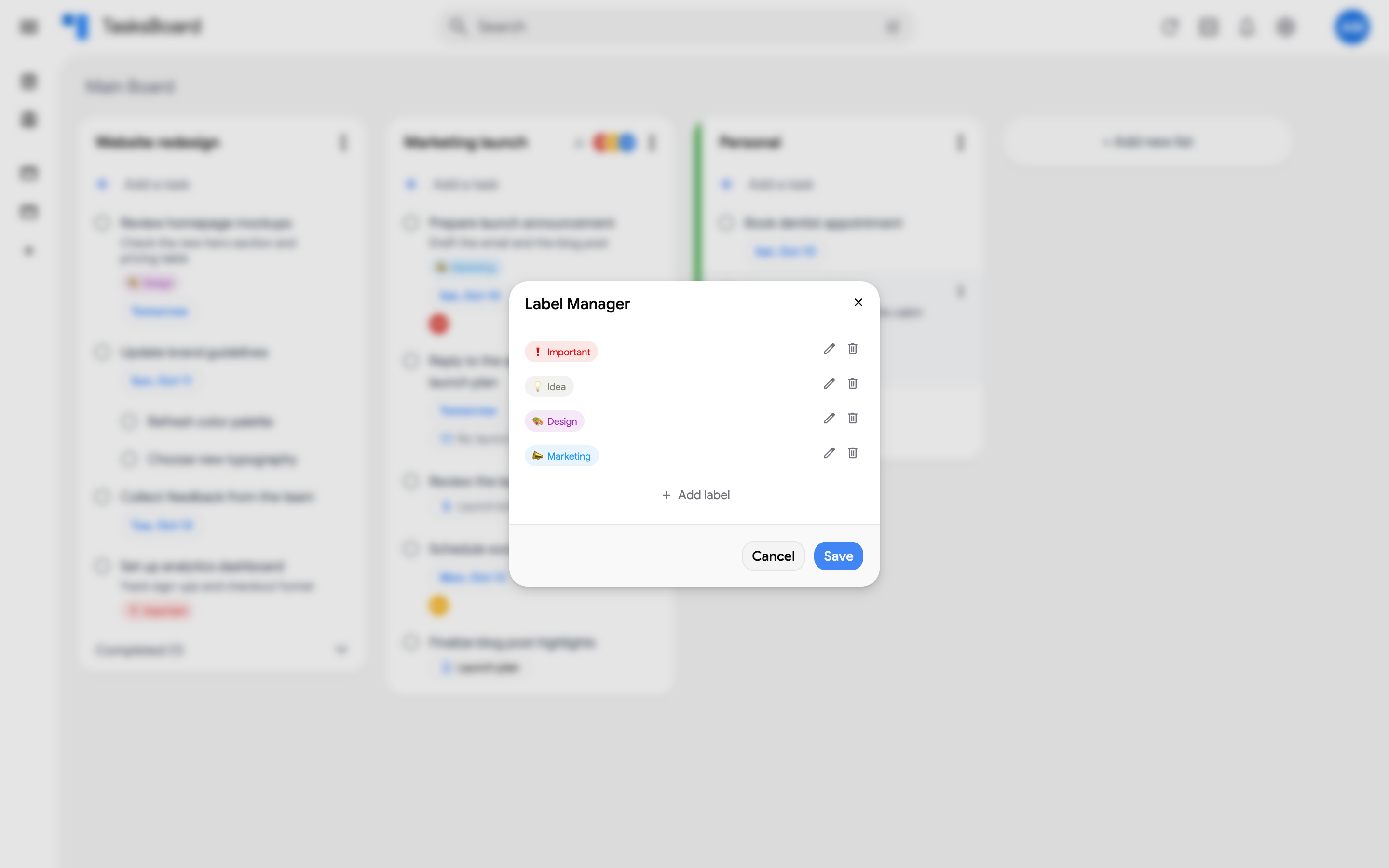 The Label Manager dialog listing the labels with their edit and delete buttons and the Add label button