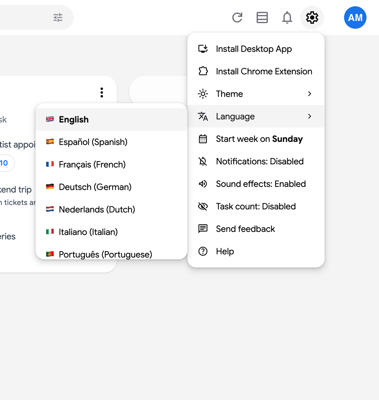 The settings menu with the Language submenu open, English highlighted