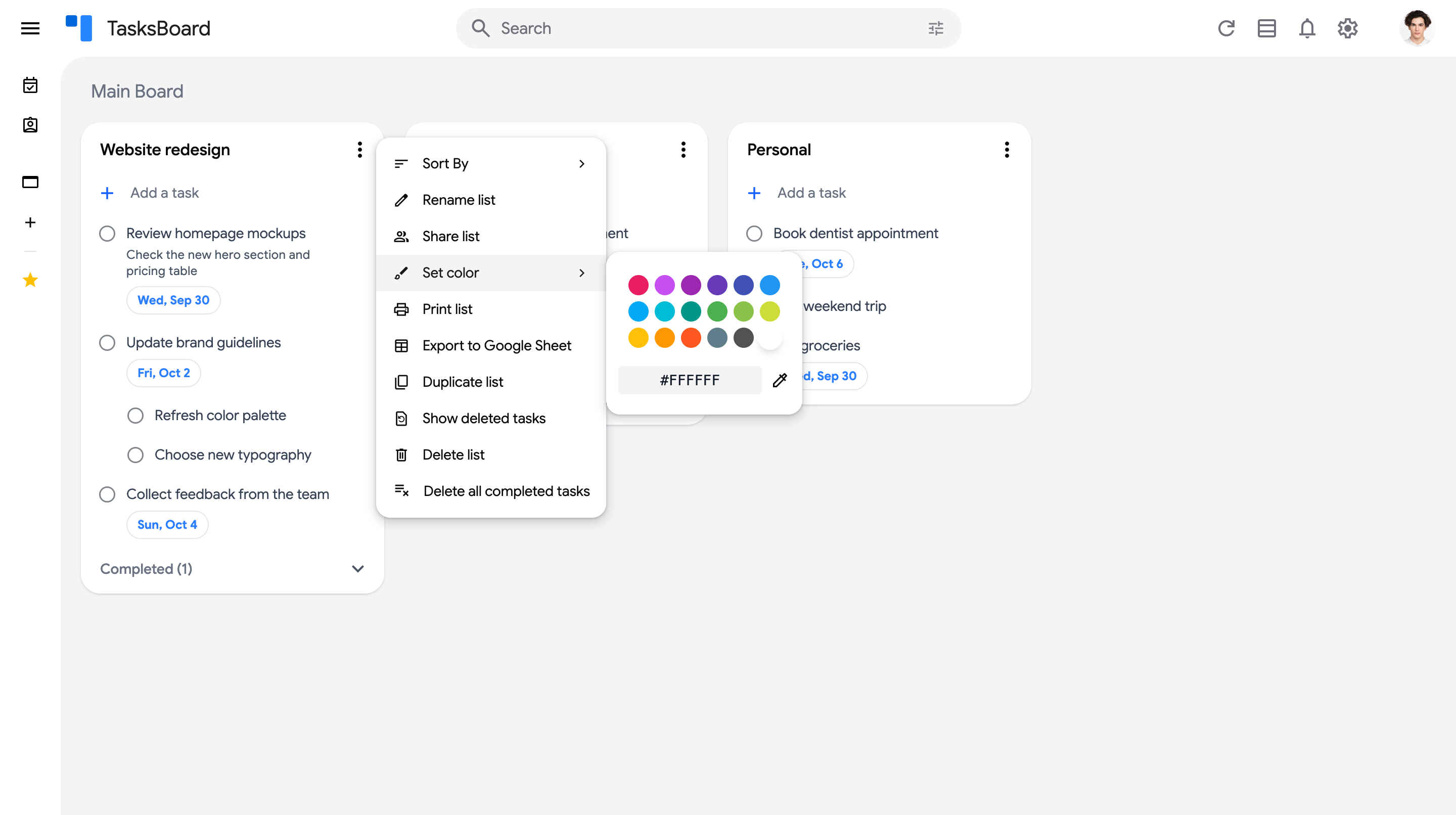 The "Set color" submenu with the color palette