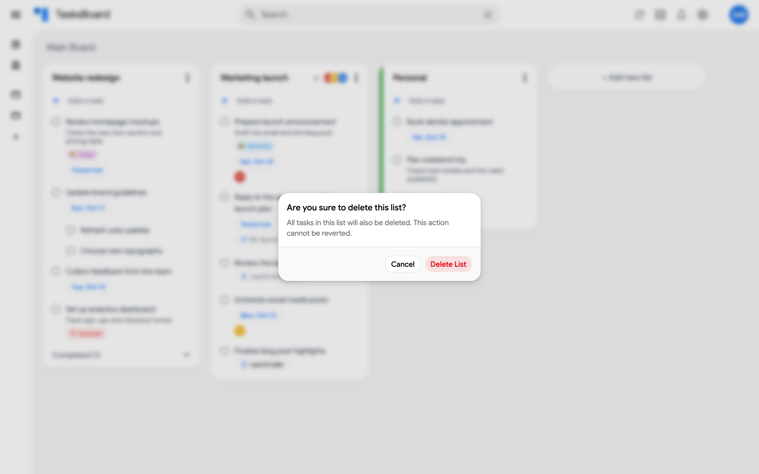The delete list confirmation