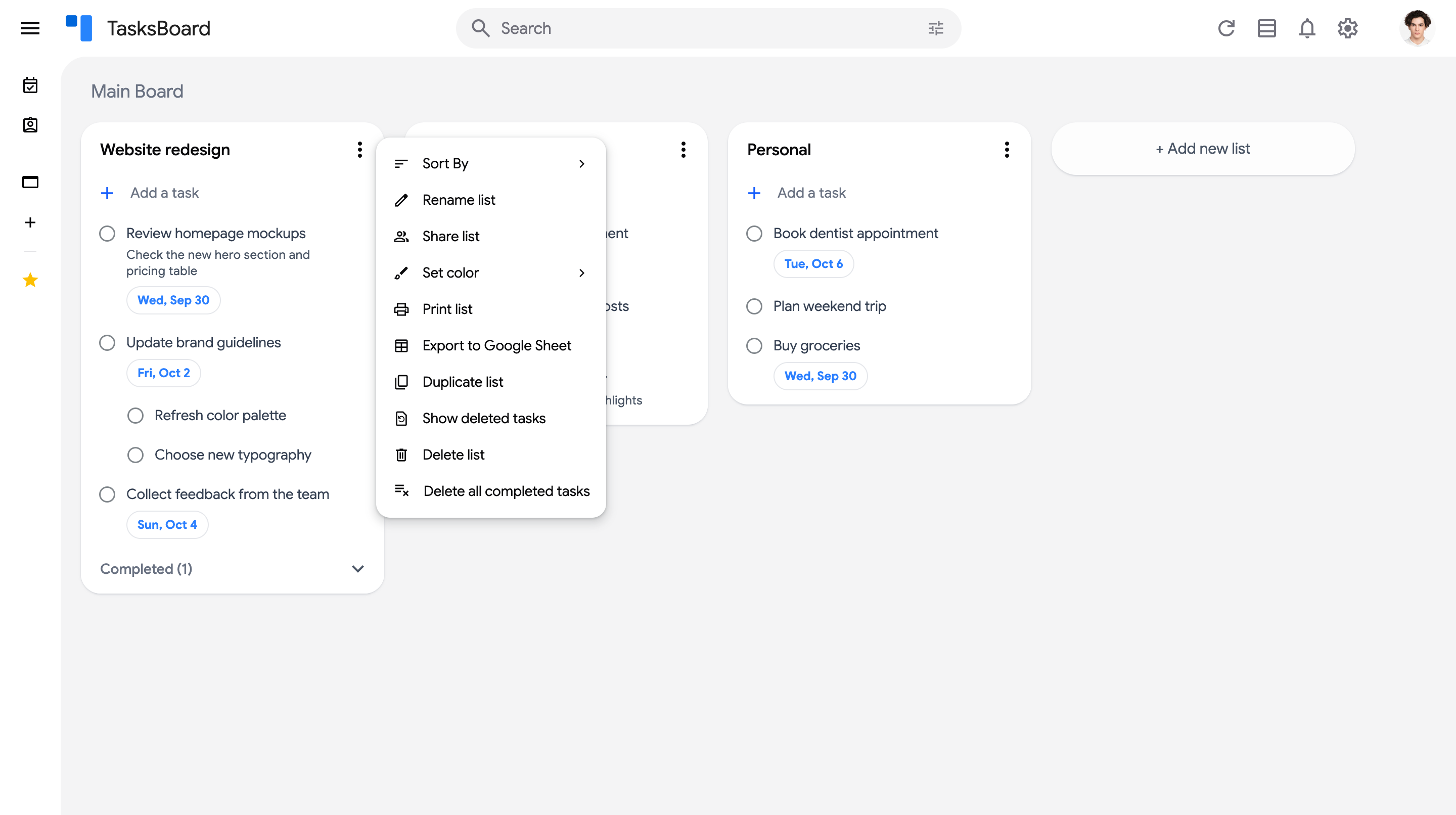 The list options menu with the "Export to Google Sheet" item