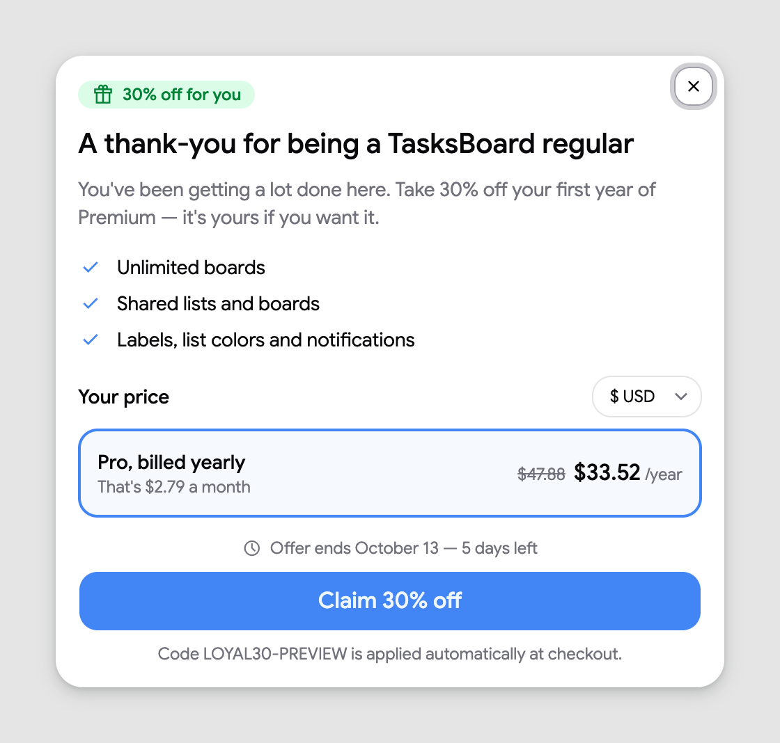 The loyalty offer dialog with 30% off the first year of Pro