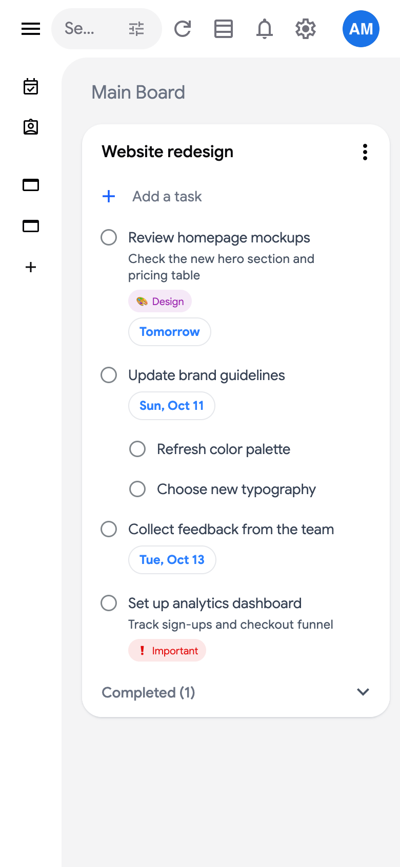 TasksBoard open in a phone browser showing the Main Board with a list of tasks