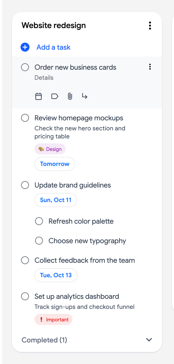 A new task being typed at the top of the Website redesign list