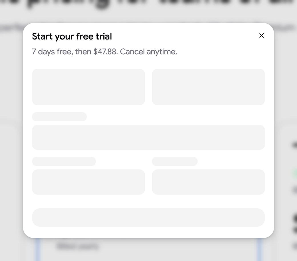 The Start your free trial payment dialog