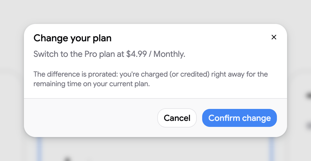 The Change your plan dialog with the new price and the proration note