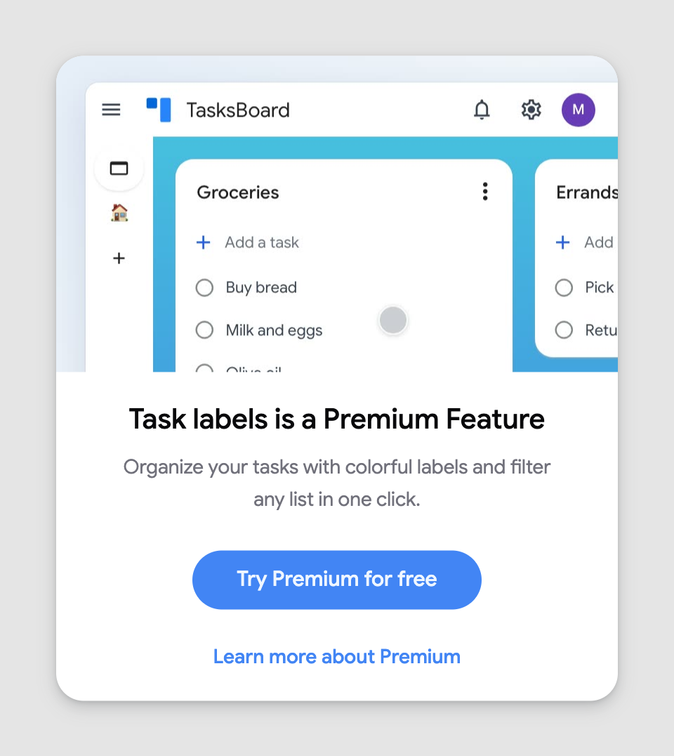 The Premium feature dialog explaining task labels with a Try Premium for free button