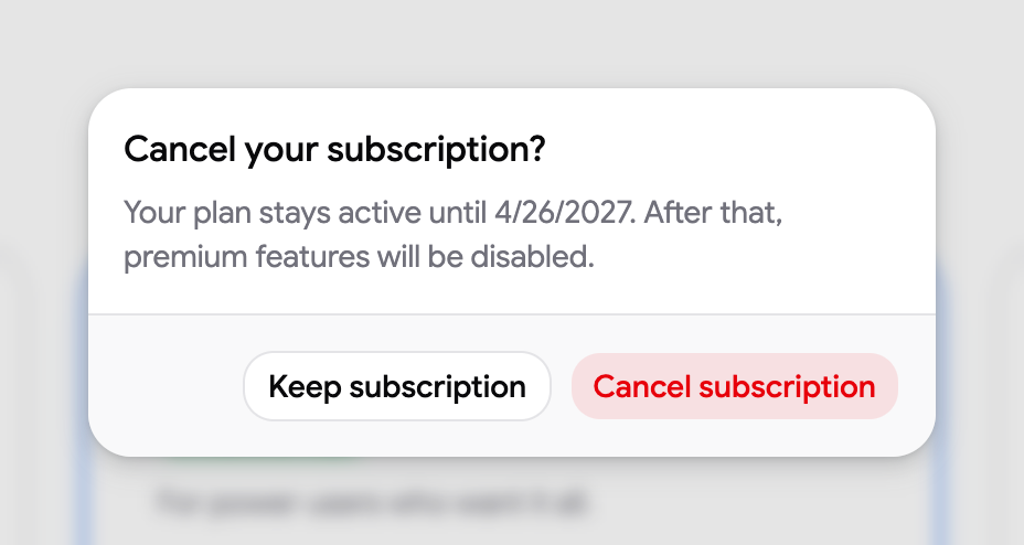 The Cancel your subscription? confirmation opened from Downgrade to Free