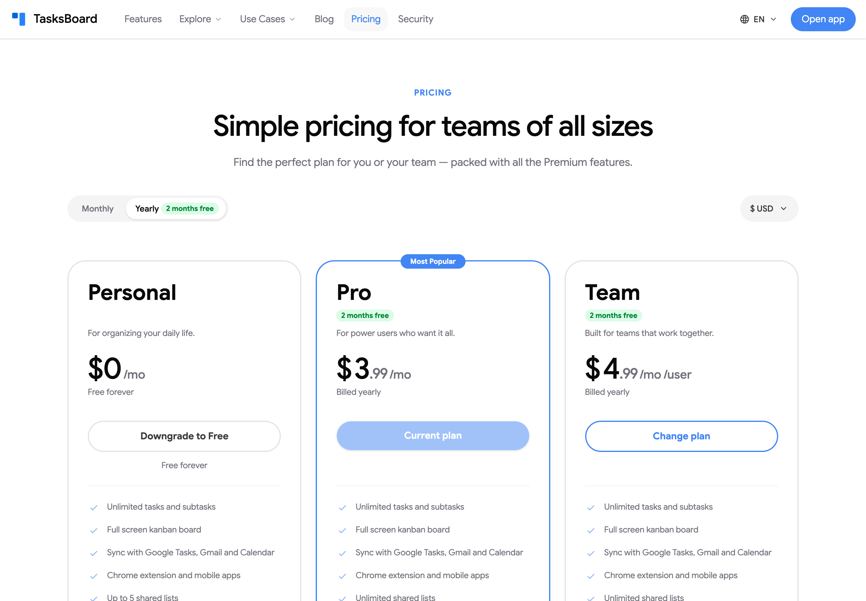 The pricing page seen by a Pro subscriber with Current plan, Change plan and Downgrade to Free