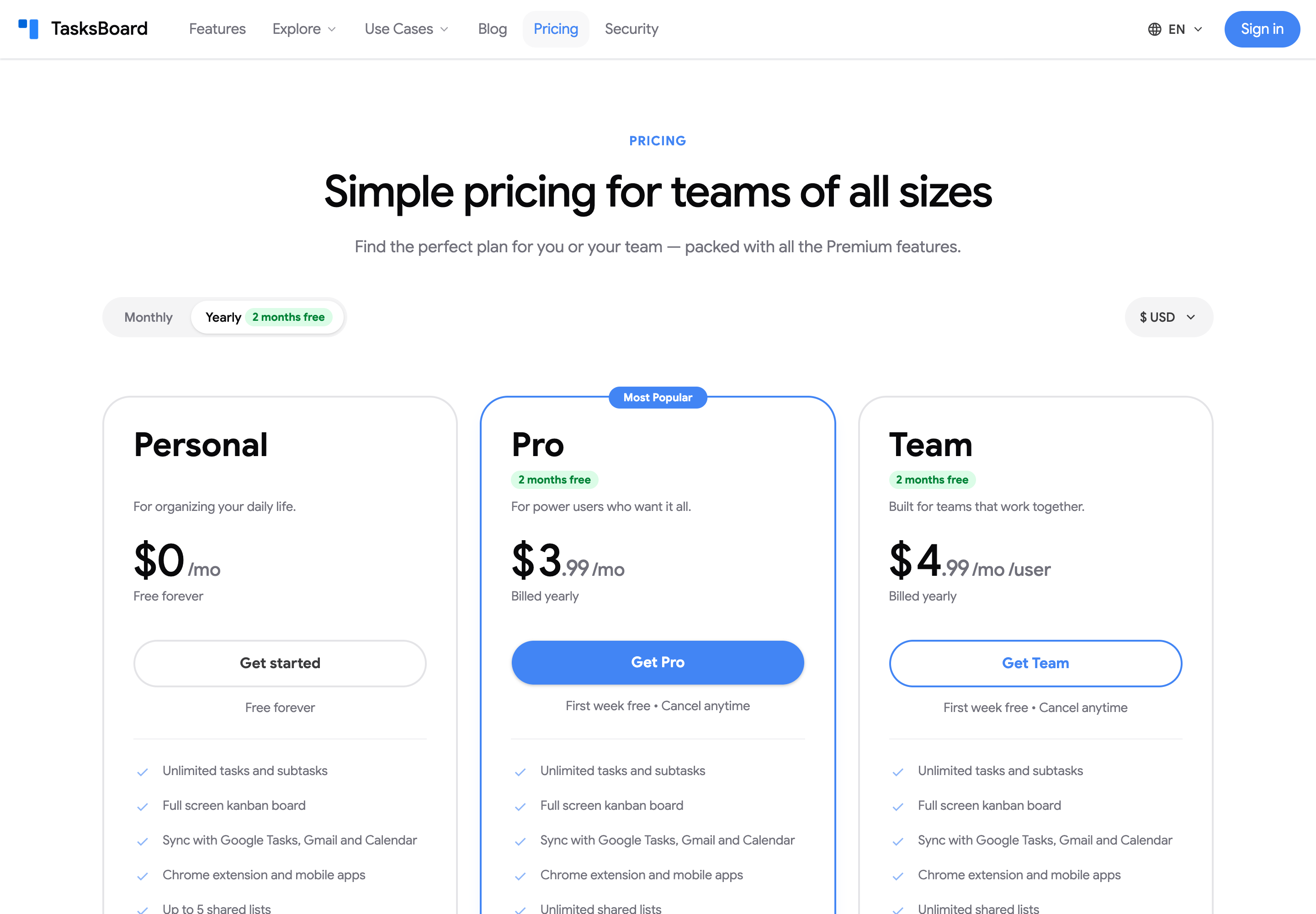 The pricing page with the Personal, Pro and Team cards and the Monthly / Yearly toggle