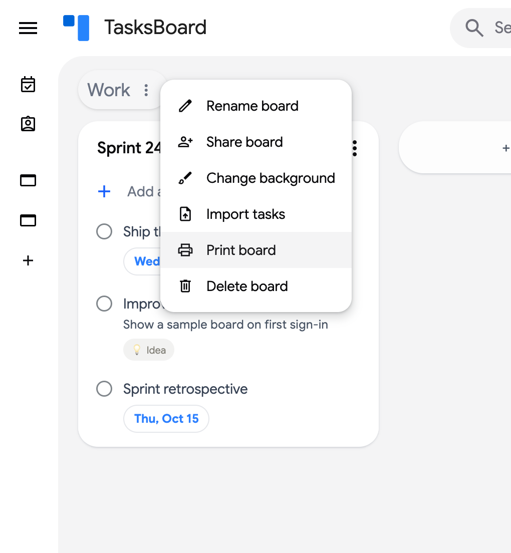The board menu with Print board highlighted