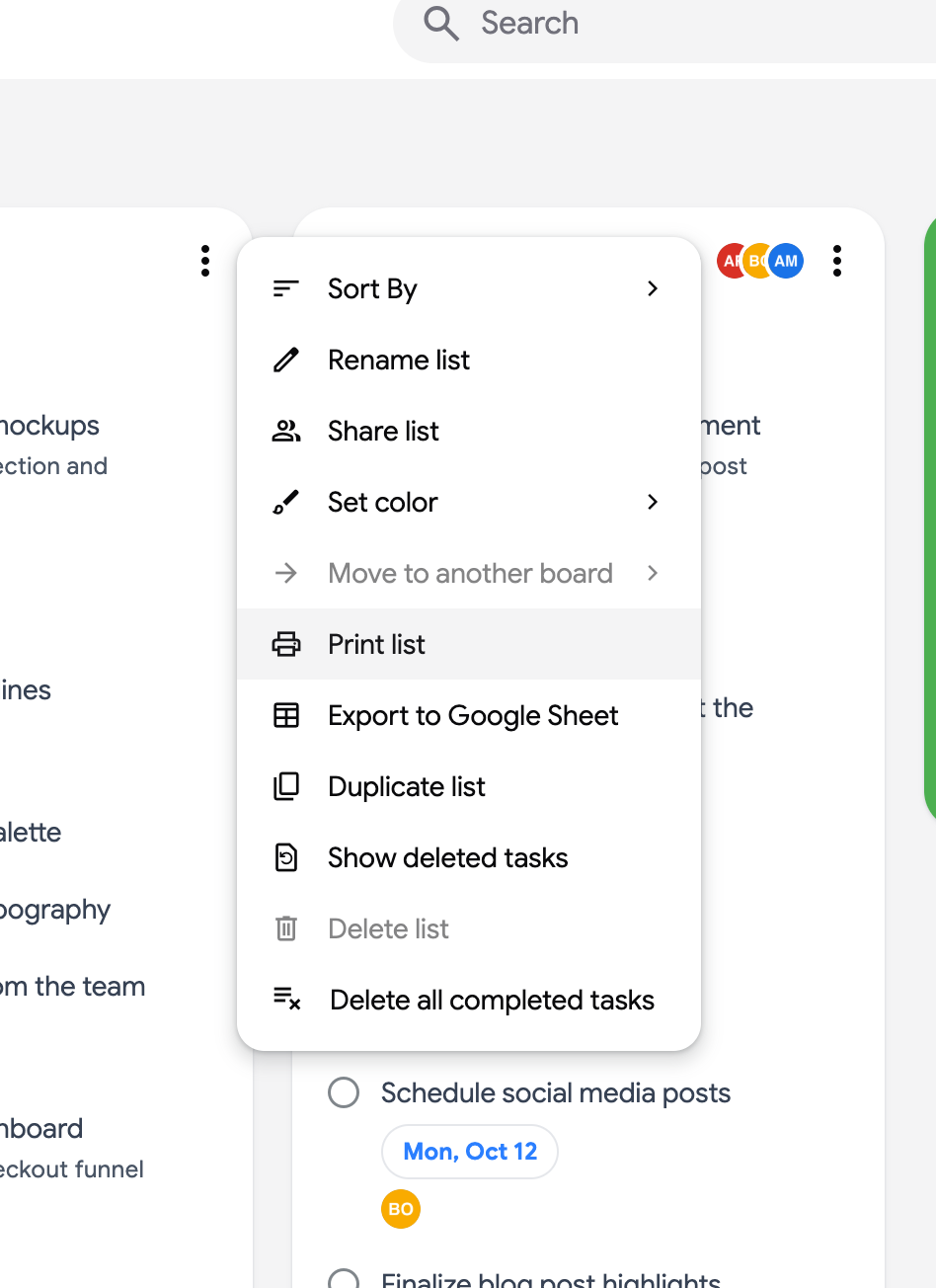 The list menu with Print list highlighted