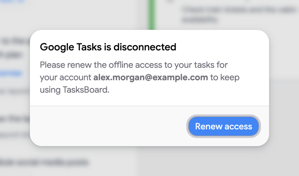 The Google Tasks is disconnected dialog with the Renew access button