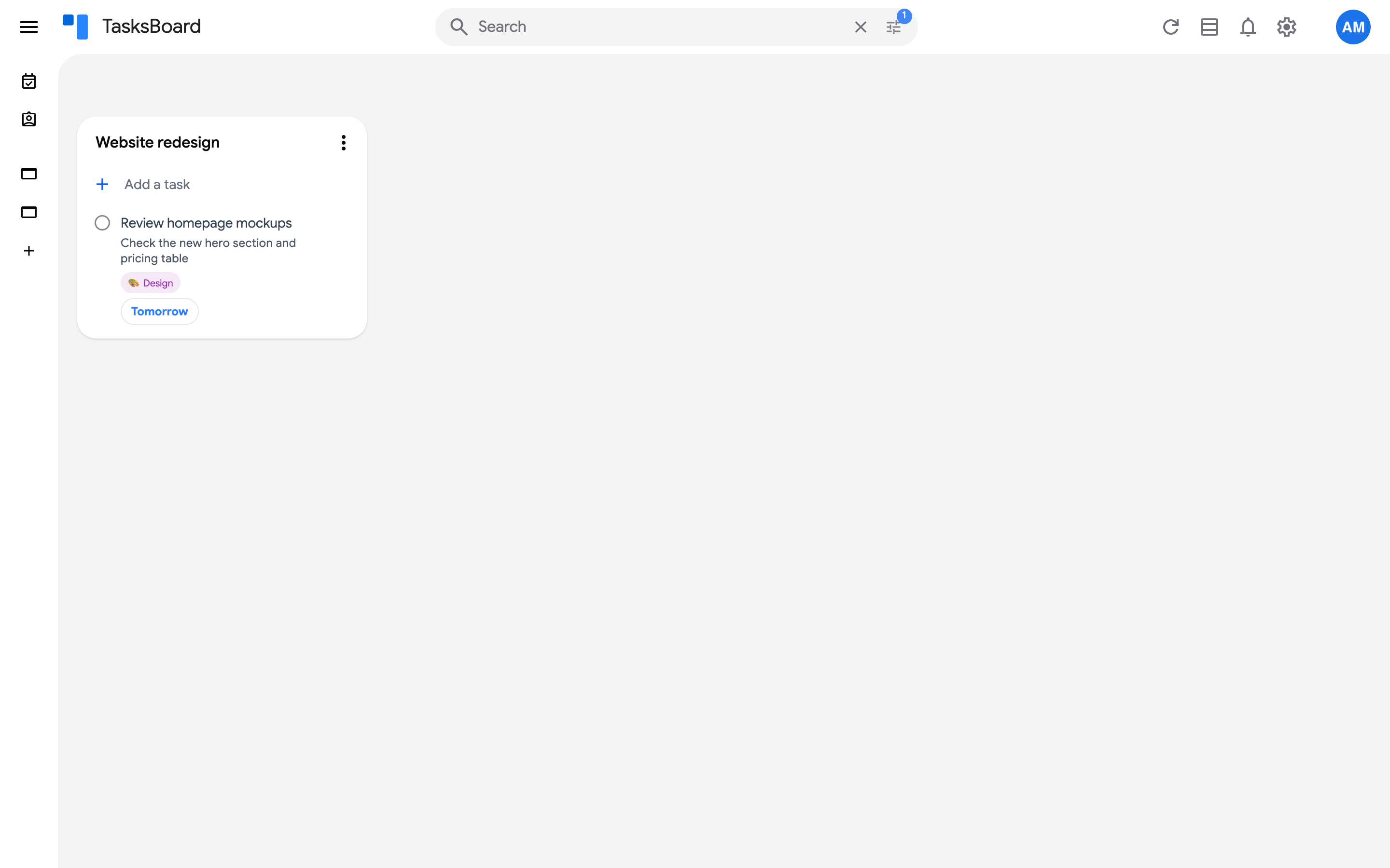 The board filtered on the Design label after clicking the label on a task, the filter icon showing a badge with 1