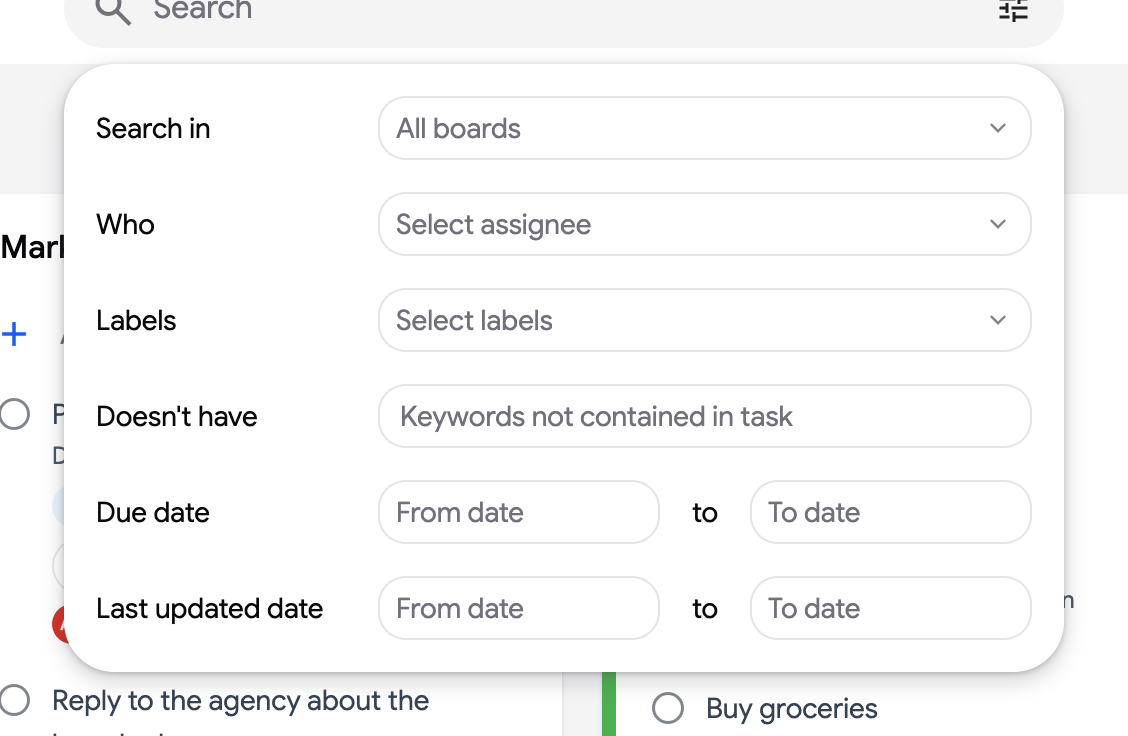 The search filters popover with the boards, Who, Labels, Doesn't have, Due date and Last updated date fields