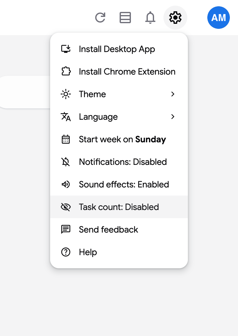 The settings menu with the Task count item