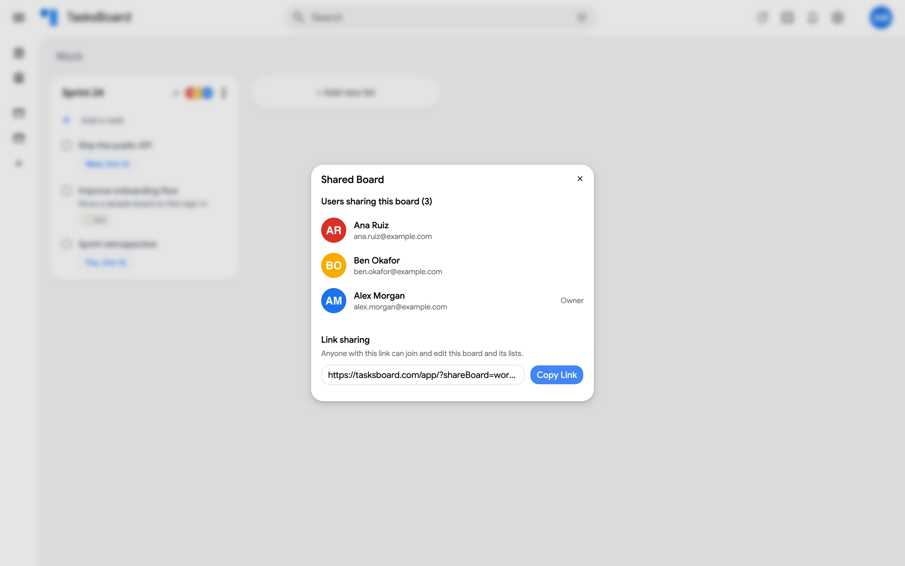 The Shared Board dialog listing the collaborators and the invite link