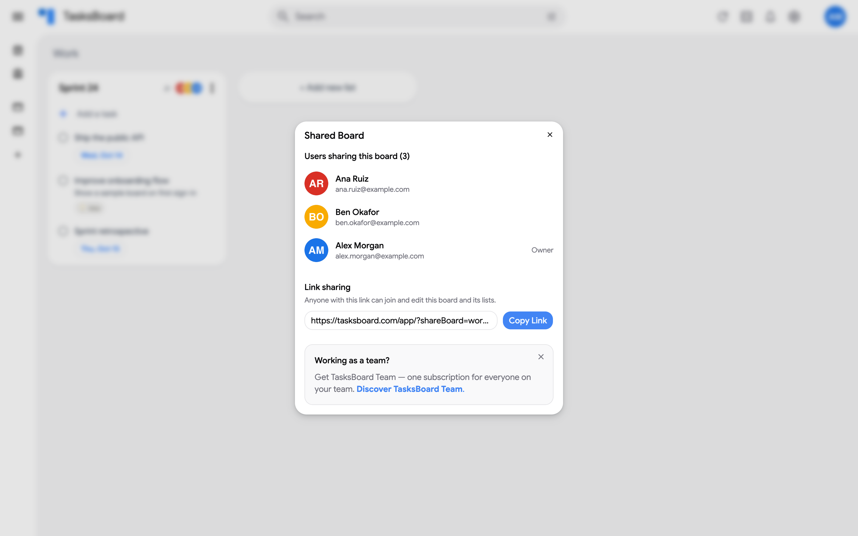 The Shared Board dialog with the Team plan suggestion