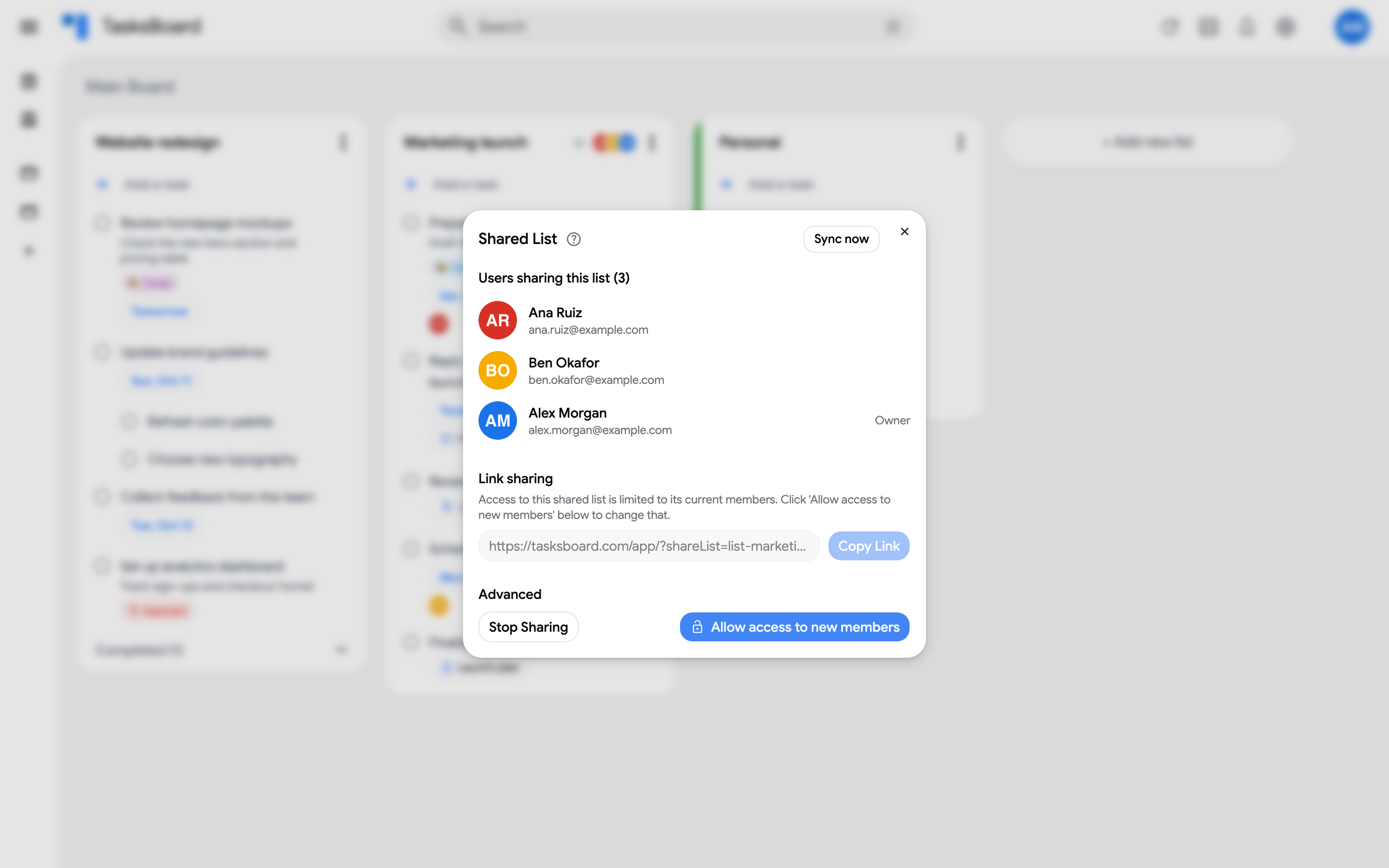 A shared list whose access is limited: the link is disabled and the owner can allow access again